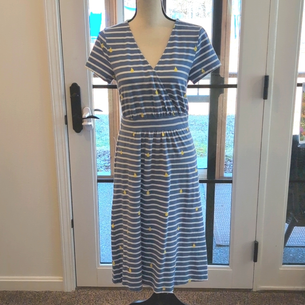 Joules Blue And White Striped With Yellow Pears Dress Size 8
